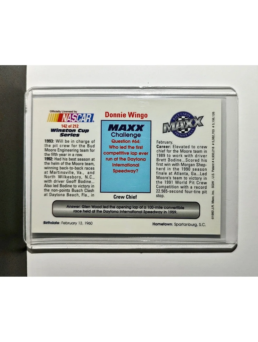 Donnie Wingo 1993 Maxx Premier Plus Racing #142 NASCAR Bud Moore Engineering